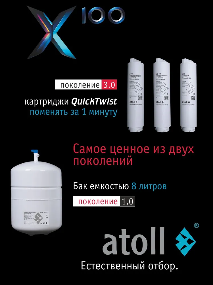 atoll X100 система обратного осмоса с питьевым краном, фильтр для воды под мойку с датчиком протечки и 2 TDS-метрами, Quick Twist, вариант, фото 6