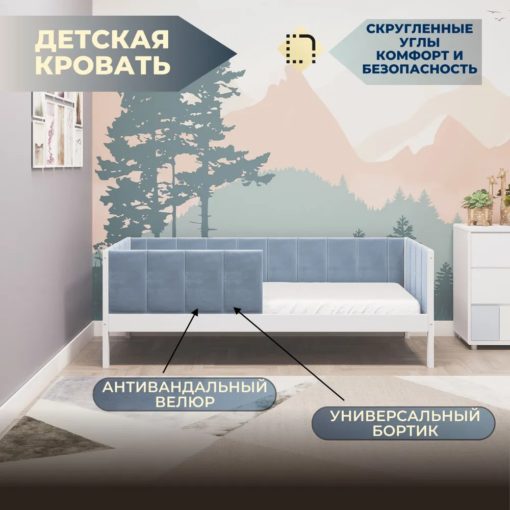 Мягкая детская кровать синий велюр 160*80 с бортом, 160x80, фото 2