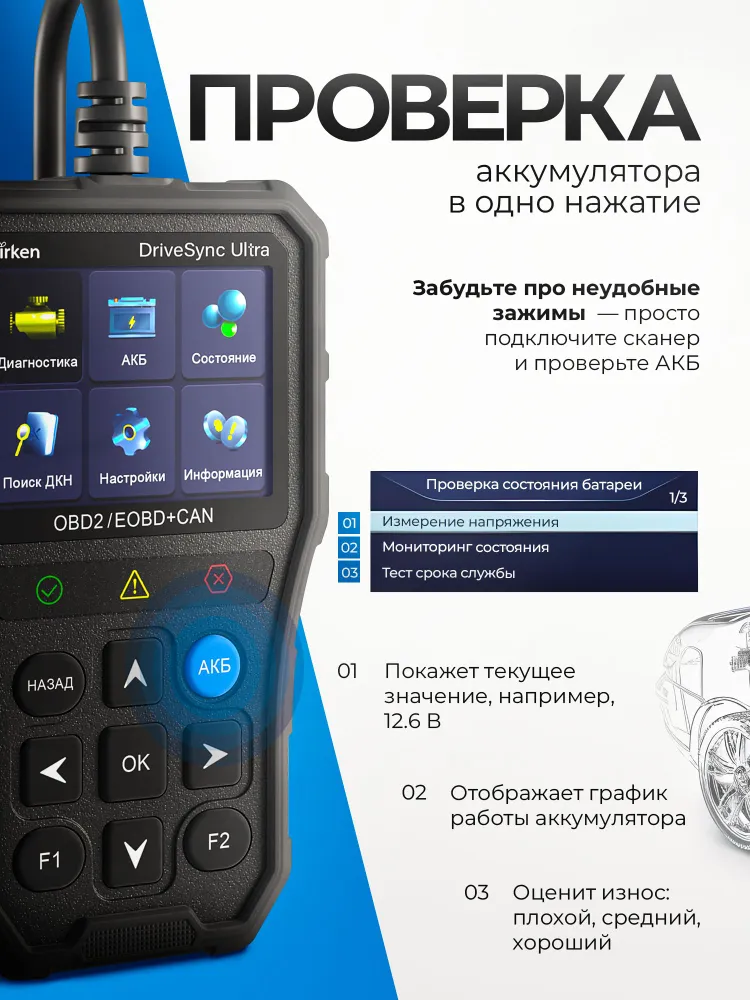 Автосканер для диагностики автомобиля, OBD2 сканер DriveSync Ultra, вариант, фото 5