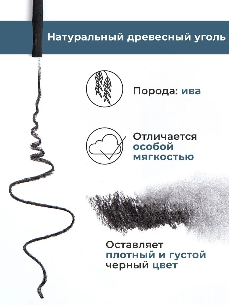 Уголь для рисования натуральный Малевичъ, набор 12 шт, диаметр 3-5 мм, ивовый художественный, 12 шт, фото 3
