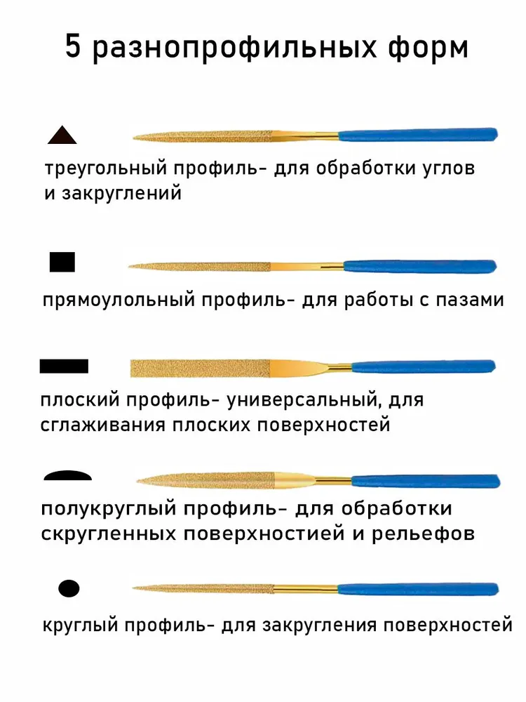 Набор алмазных надфилей 140 мм 5 шт с титановым гальваническим покрытием, 5 шт, фото 3