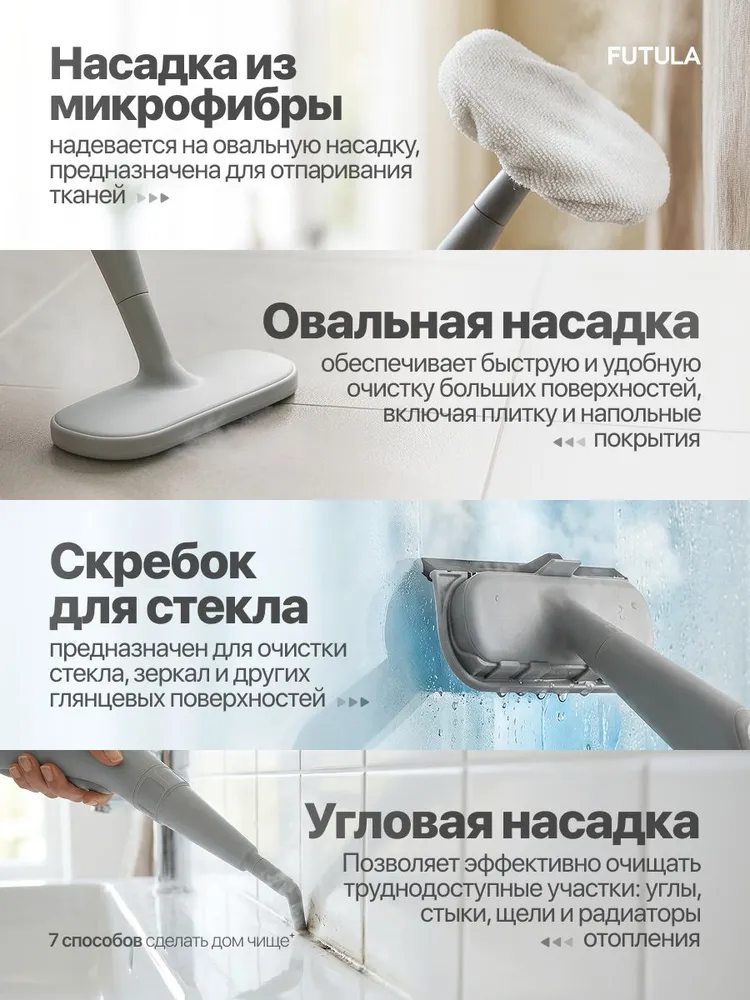 Пароочиститель для уборки дома Futula ST9000, белый, 1000Вт, давление пара 3 Бар / подача пара 25г/мин, 6 насадок, вертикальная глажка, очищение без химии, 1000 Вт, 25 г, фото 6