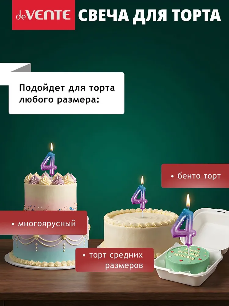 Свеча для торта цифра 4 размер 6x3,8, 6x3.8, фото 5