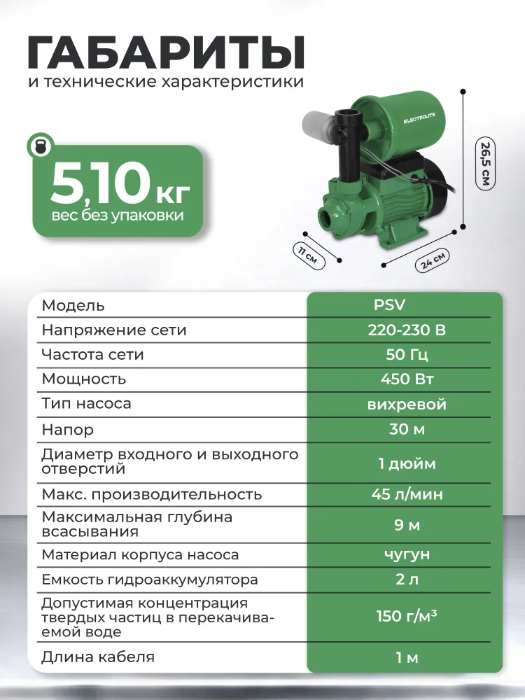 Насосная станция автоматическая для воды 450 Вт, 45 л/мин Electrolite PSV 450, 450 Вт, 45 л, фото 4