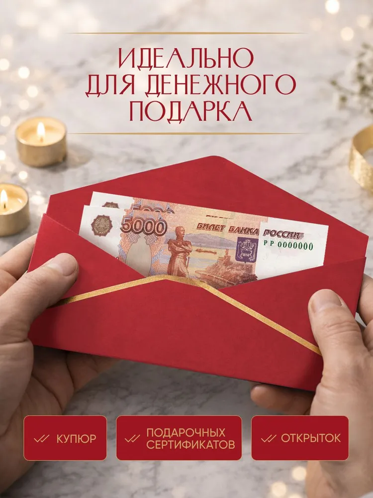 Конверт для денег и сертификатов 241*105 мм с печатью , подарочный для приглашений и поздравлений красный, 241x105 мм, фото 2
