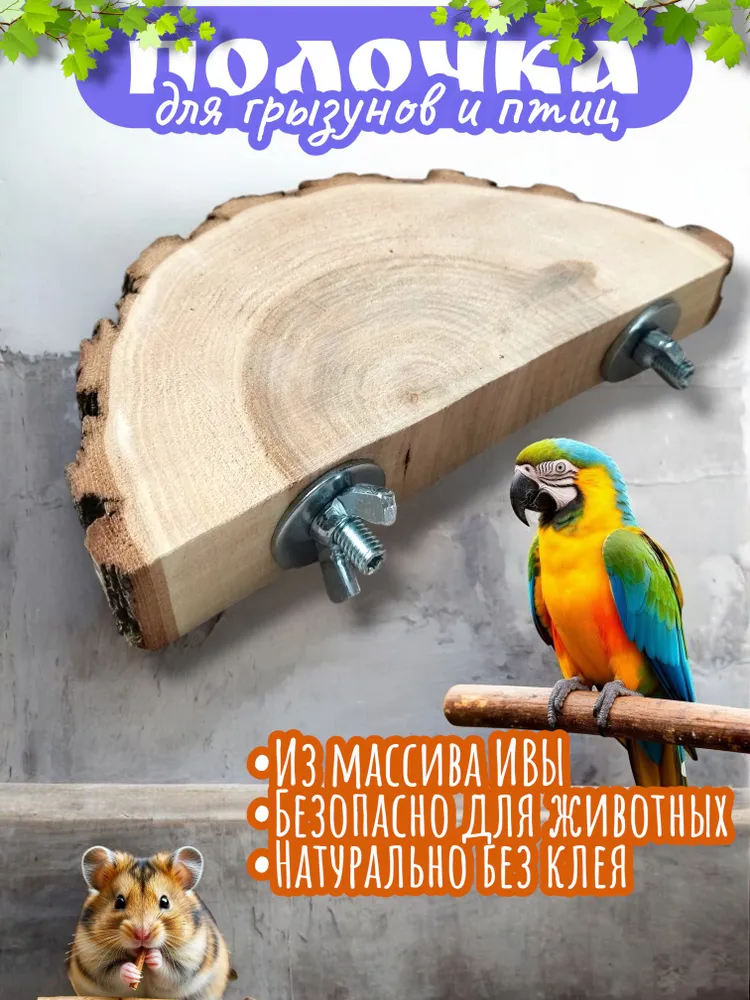 Ива. Полка в клетку для грызунов и птиц, из массива дерева, игрушка, полочка для попугаев круглая, вариант