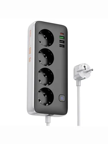 Сетевой фильтр Hoco AC22 4 гнезда + USB Type-C + 3 USB, PD30W "быстрая зарядка", 1,5м, 2,5кВт, черны