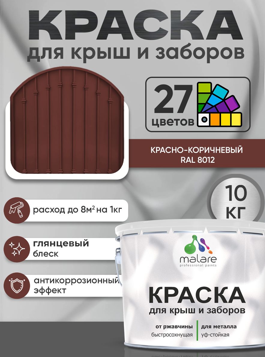 Краска по металлу Malare для крыш и заборов по ржавчине, для наружных работ, быстросохнущая износостойкая RAL 8012 красно-коричневый, глянцевая, 10 кг