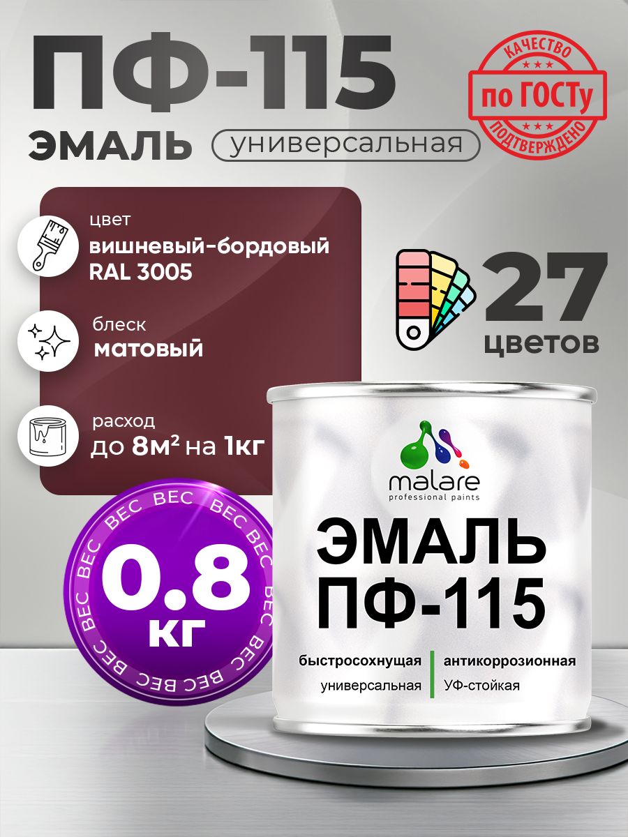 Эмаль Malare ПФ-115 краска для металла по дереву для минеральных поверхностей для внутренних и наружных работ антикоррозионная быстросохнущая, RAL 3005, вишнево-бордовый, матовая, 0,8 кг