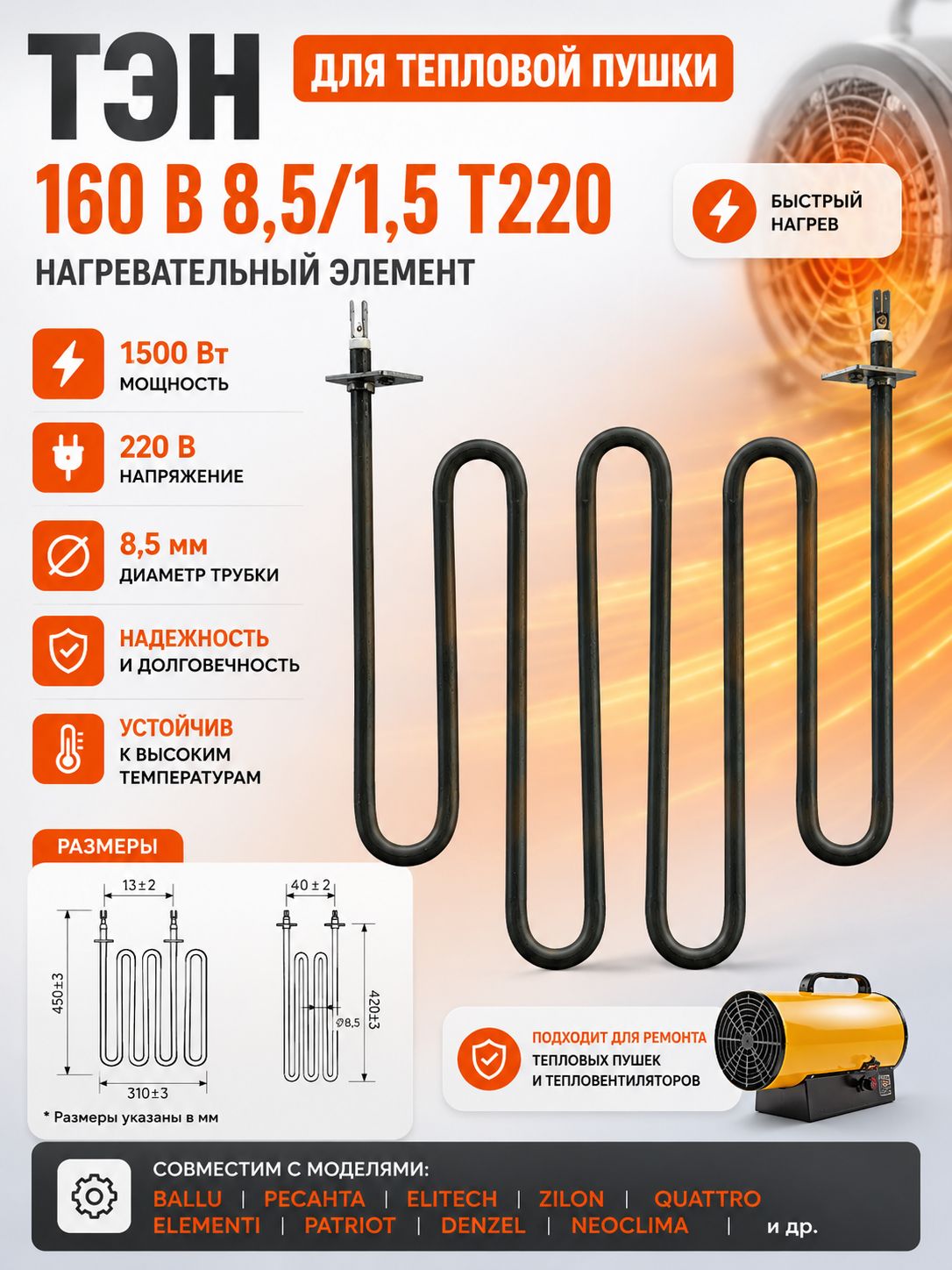ТЭН для тепловой пушки 160 В 8,5/1,5 Т220 1500 Вт 220 В трубчатый нагревательный элемент