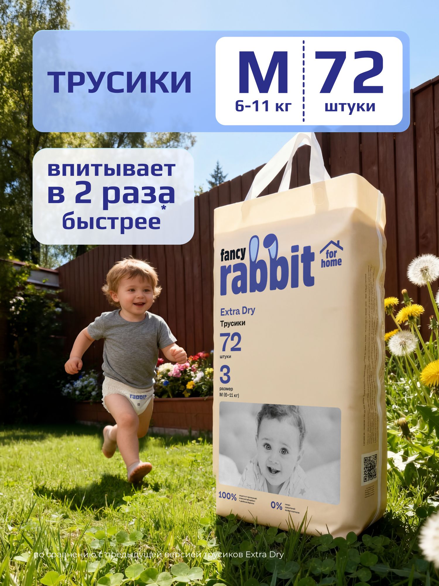 Подгузники-трусики размер 3/М, 6-11кг, Fancy Rabbit for home Extra Dry, 72шт.