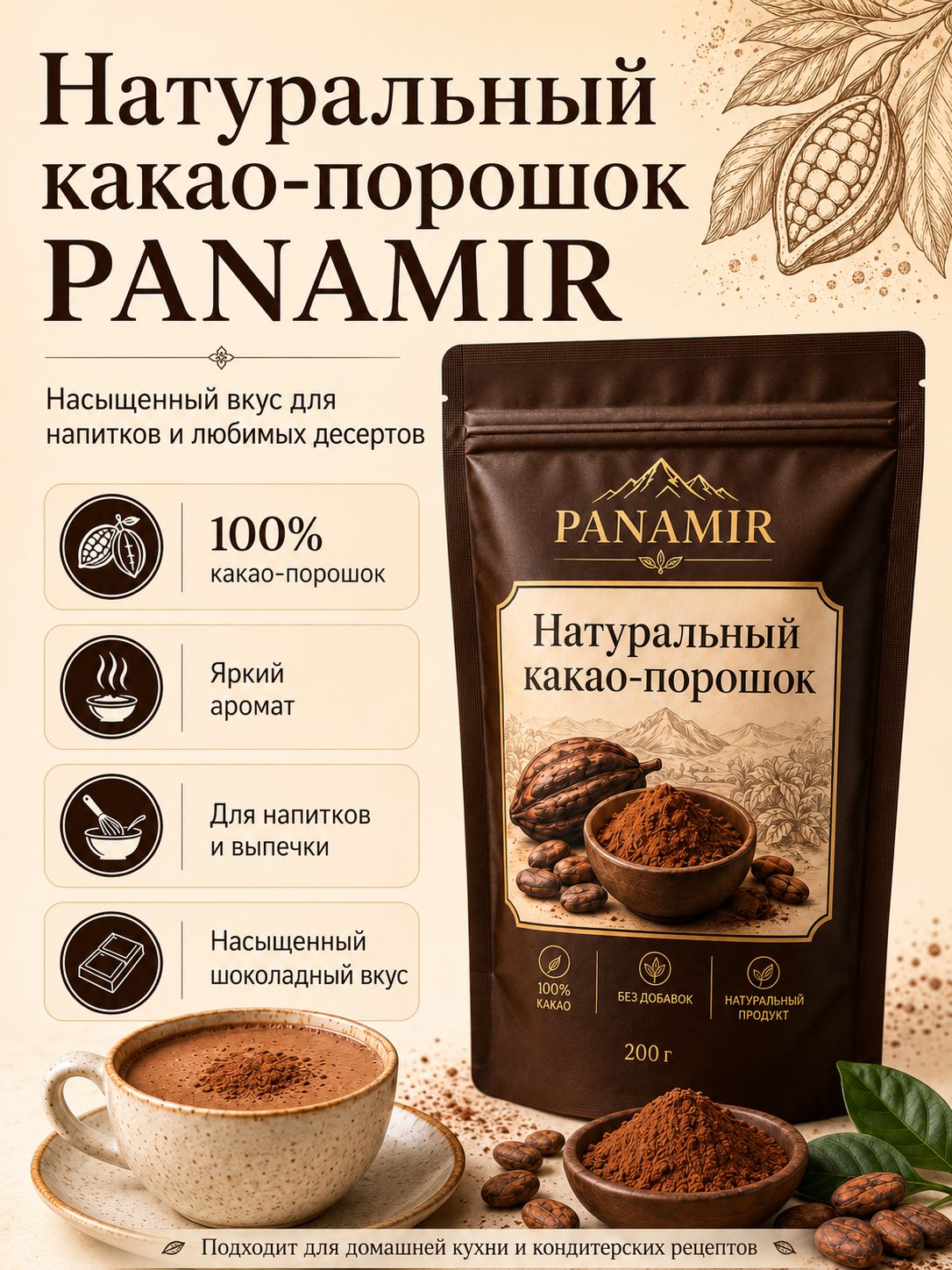 BOKKOS 80г. Какао порошок натуральный, НЕалкализованный. Без сахара, для выпечки и напитков.