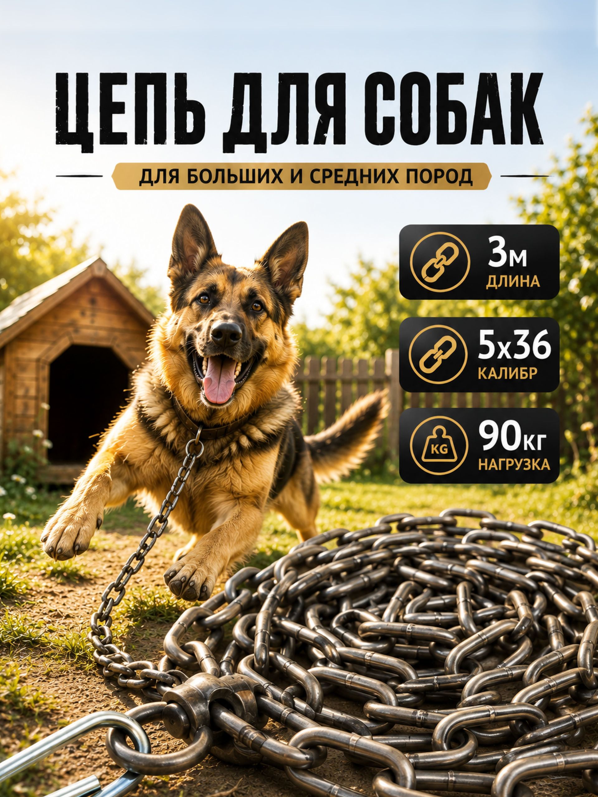Цепь для привязи собак, для больших и средних пород, 3 м, калибр 5x36 мм, черная