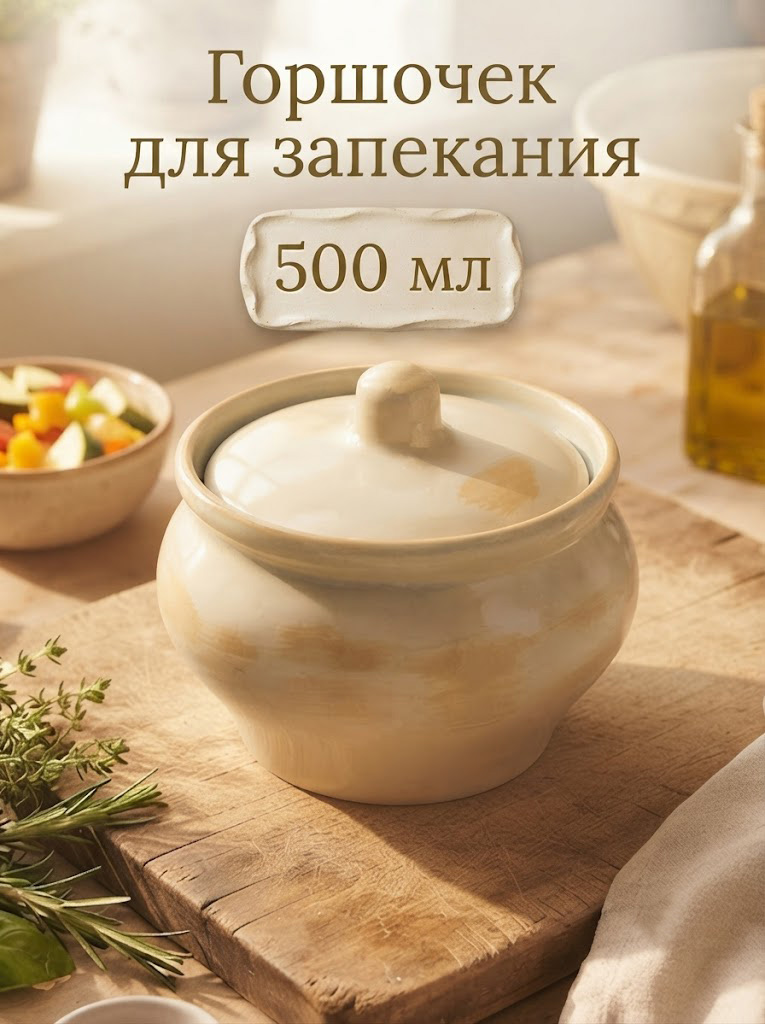 Горшочек для запекания в духовке, объем 500 мл, размер 11,5х8 см, цвет молочный