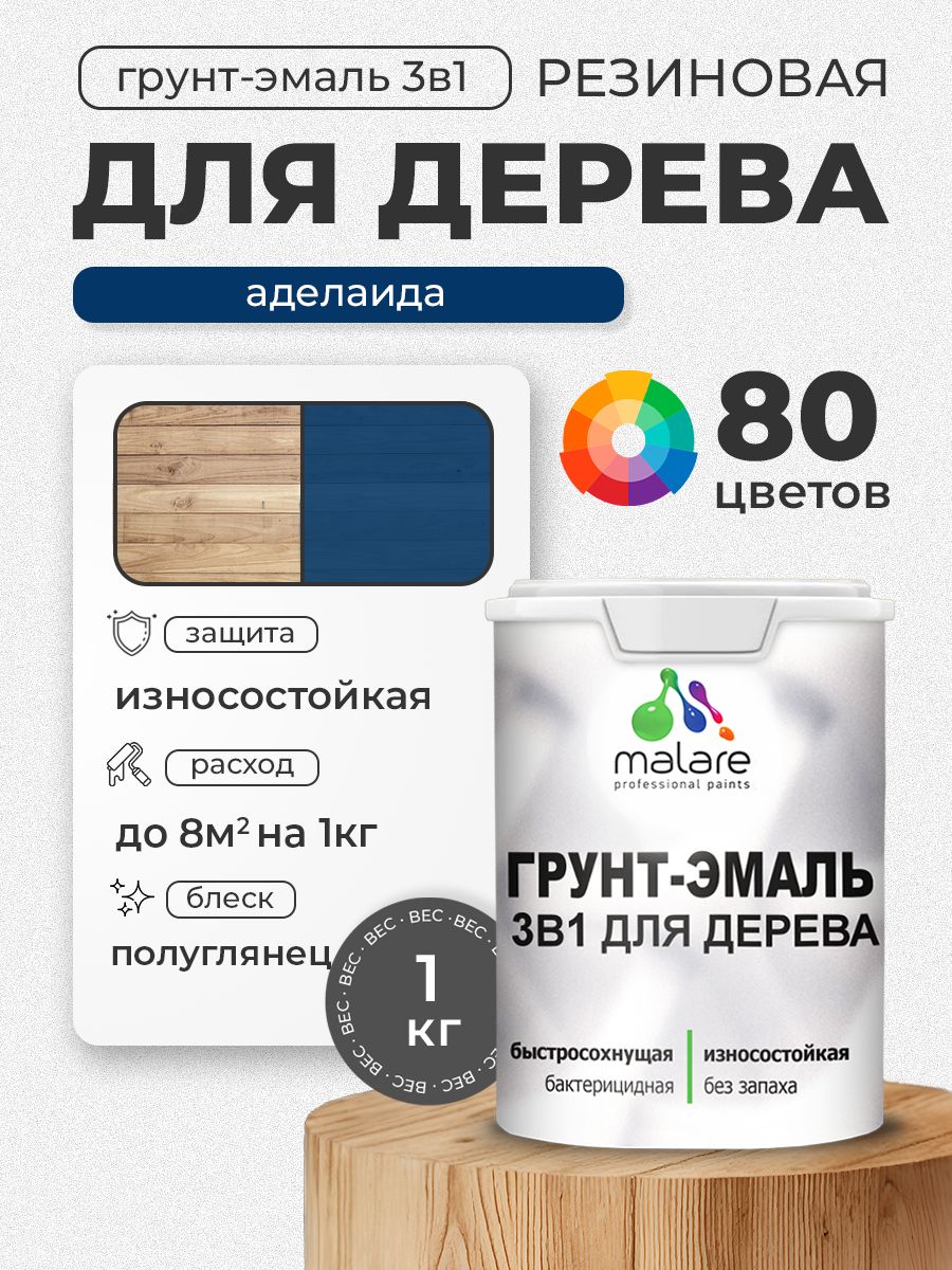 Латексная Грунт-Эмаль 3 в 1 Malare для деревянных поверхностей с антисептическим эффектом, быстросохнущая моющаяся без запаха полуглянцевая, аделаида, 1 кг