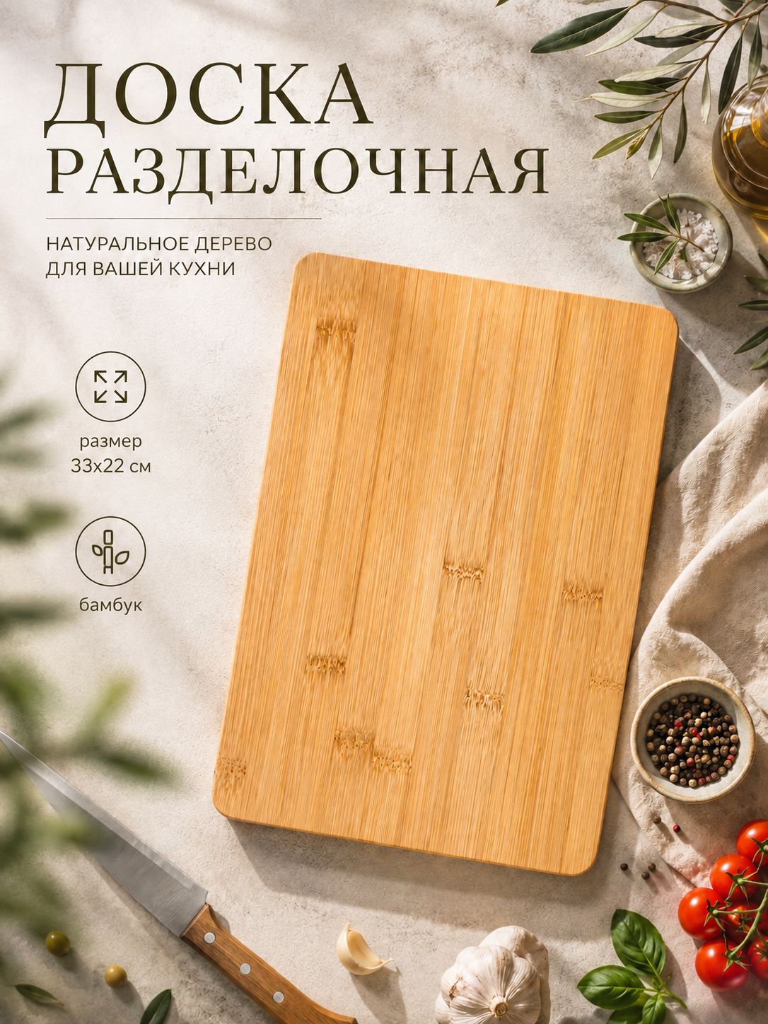 Доска разделочная деревянная, 32х22 см, Доляна