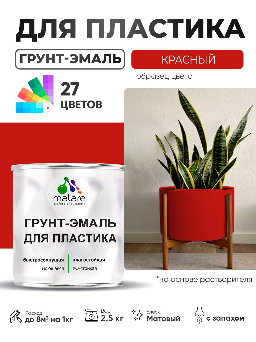 Грунт-Эмаль для пластика Malare краска для пластика/ для сайдинга, для окон и подоконников ПВХ/ для внутренних и наружных работ, быстросохнущая RAL 3020 красный, матовая, 2,5 кг