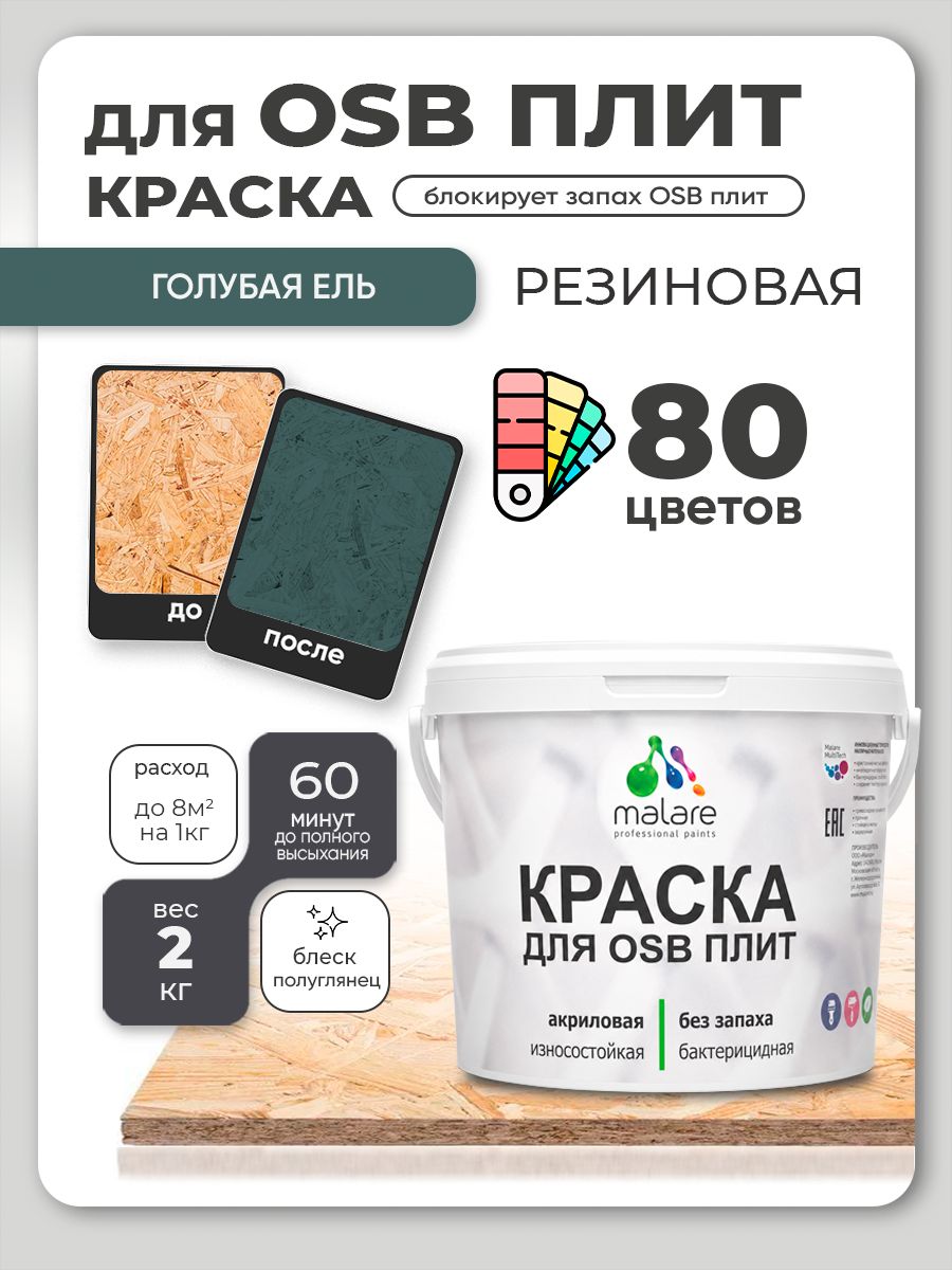Резиновая краска для ОСБ плит Malare акриловая краска для дерева для наружных и внутренних работ, быстросохнущая без запаха полуглянцевая, голубая ель, 2 кг