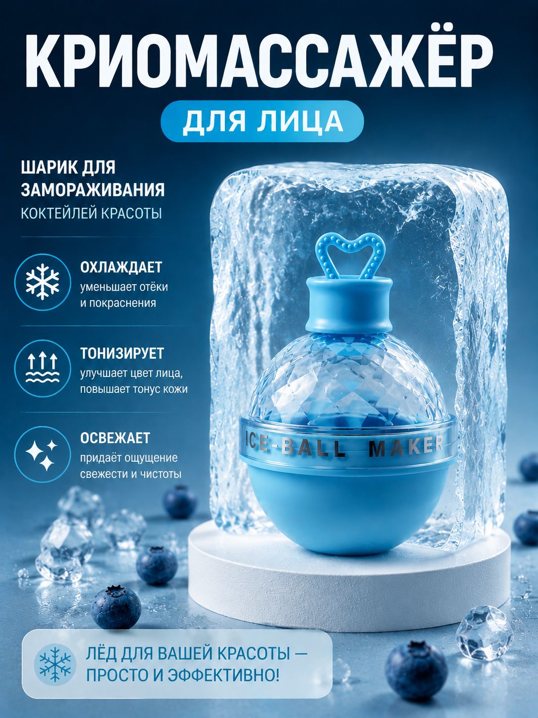 Форма для криомассажёра Криосфера , 7 9 см, голубая