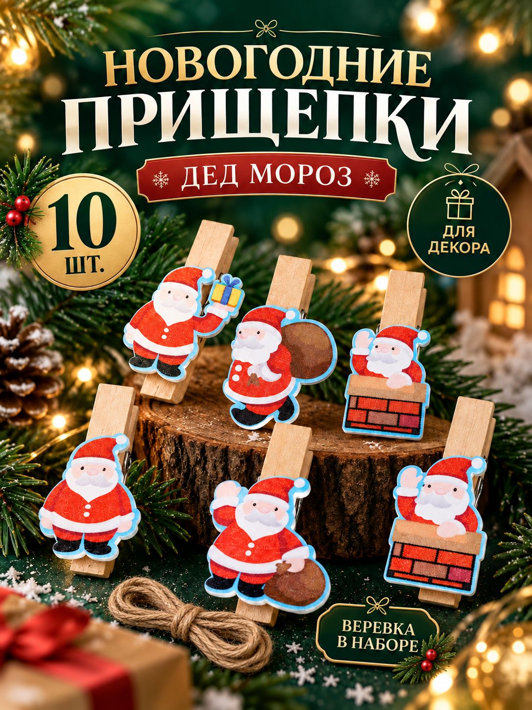Прищепки декоративные новогодние "Дед Мороз", набор 10 шт.