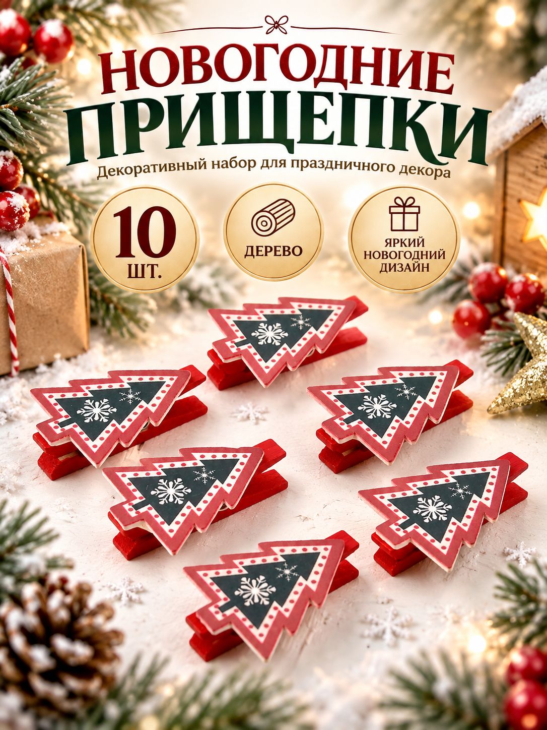 Прищепки декоративные новогодние "Елочка" / Набор 6 шт.
