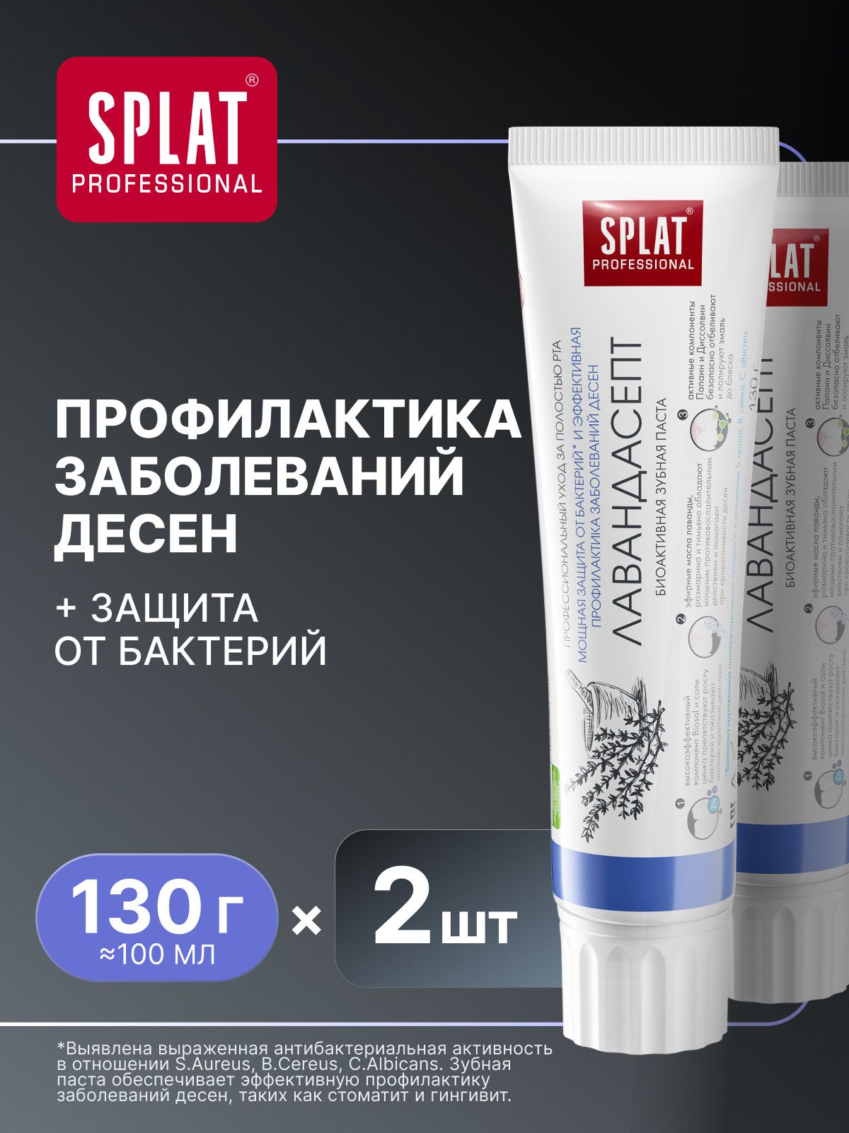 Зубная паста для чувствительных зубов и десен SPLAT Professional "ЛАВАНДАСЕПТ", 130 г (100 мл) х 2 шт.