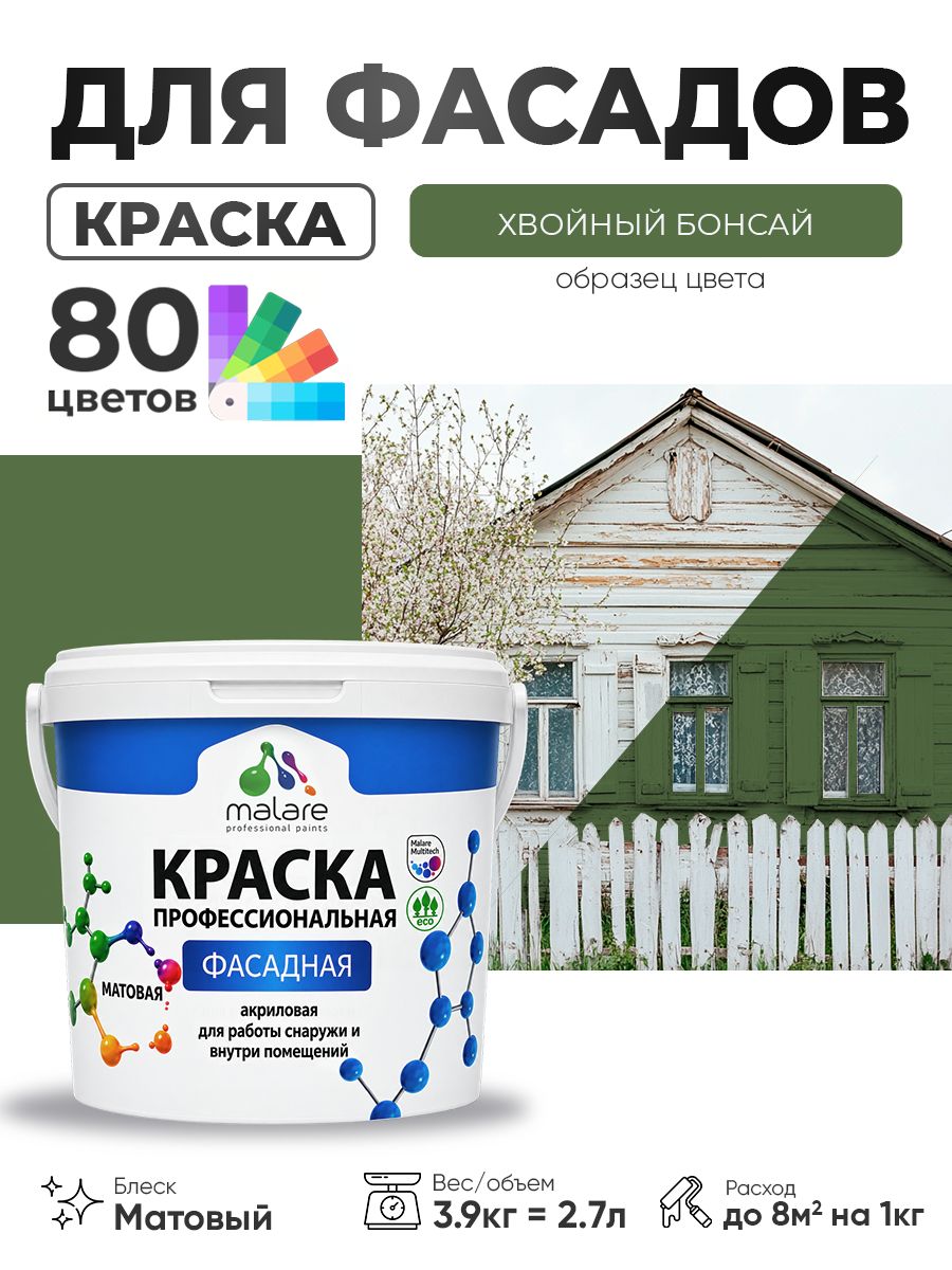 Краска фасадная для наружных работ Malare Professional для дерева по бетону, для минеральных поверхностей, акриловая быстросохнущая без запаха, матовая, хвойный бонсай, (2.7л - 3.9кг)