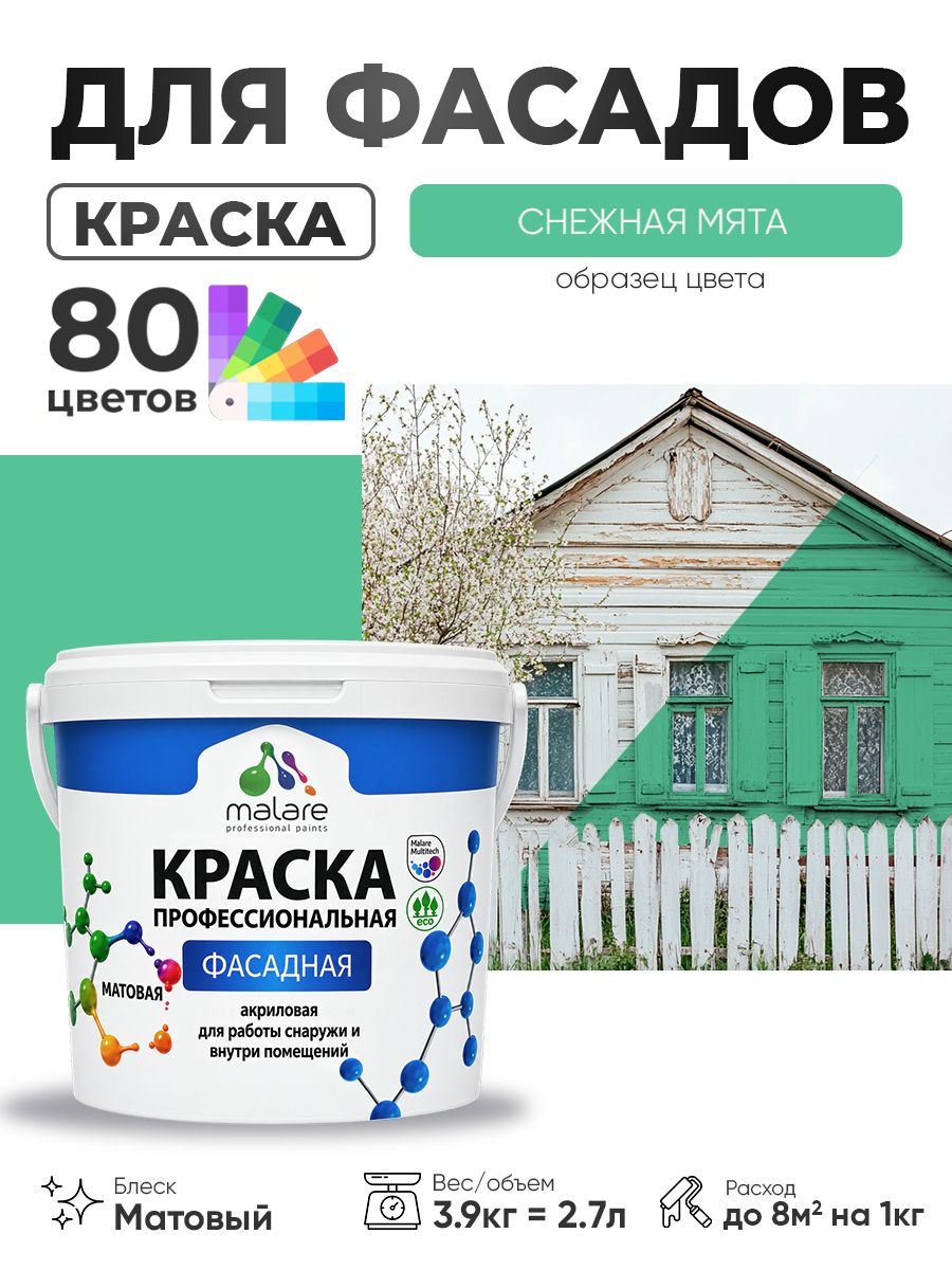 Краска фасадная для наружных работ Malare Professional для дерева по бетону, для минеральных поверхностей, акриловая быстросохнущая без запаха, матовая, снежная мята, (2.7л - 3.9кг)