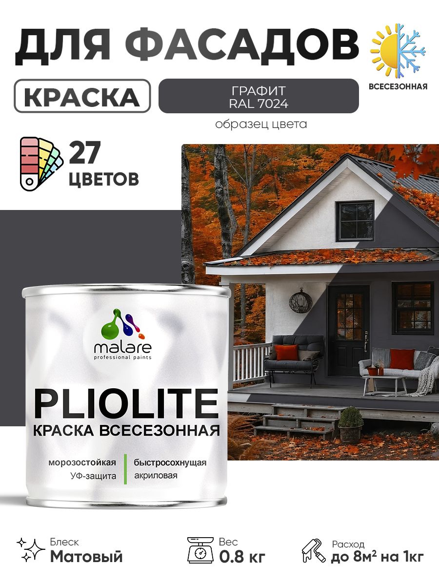Краска-эмаль всесезонная Malare Pliolite для наружных работ универсальная, быстросохнущая RAL 7024, графитово-серый(темный), матовая, 0,8 кг