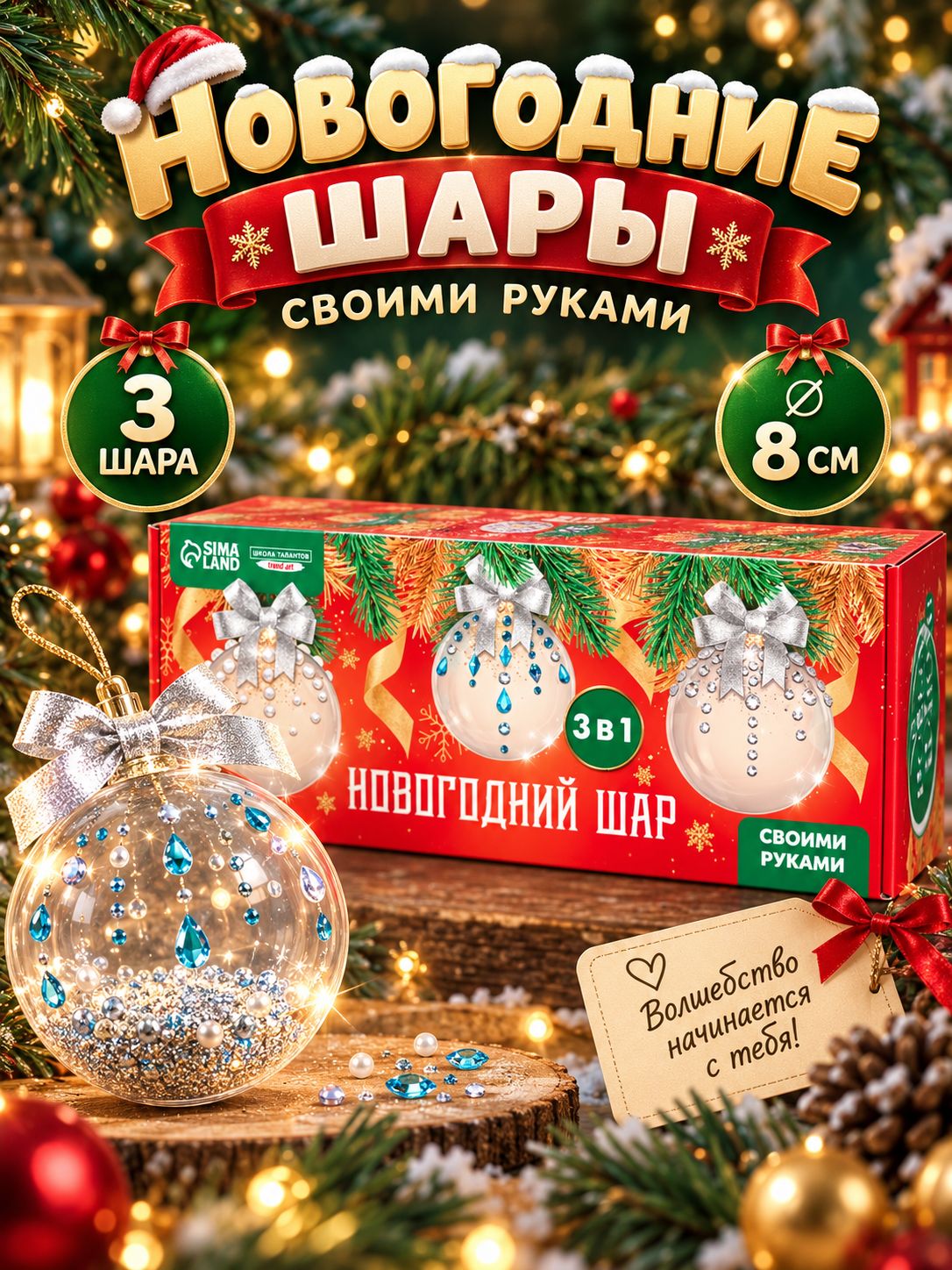 Елочный шар своими руками, 3в1, "Чудесная ночь", 8 см, 3 шара, набор для творчества детский