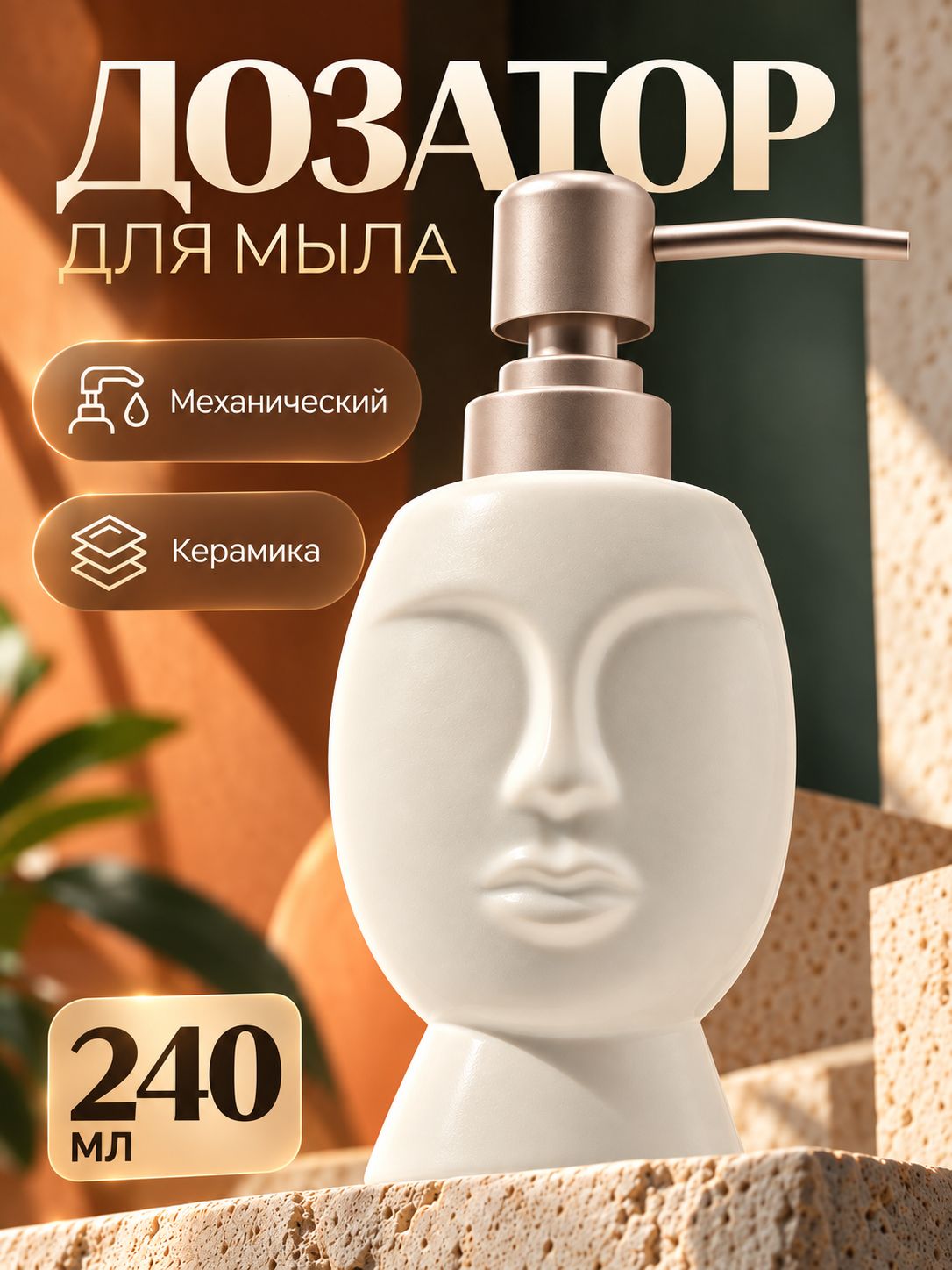 Дозатор для жидкого мыла, шампуня, геля для душа, средства для мытья посуды 240 мл, цвет белый