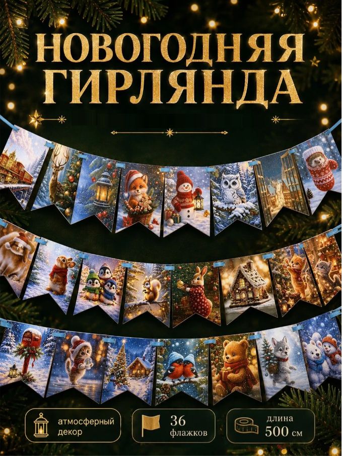 Гирлянда на ленте новогодняя / Новый год зверята / Гирлянда бумажная / 36 флажков / 500 см