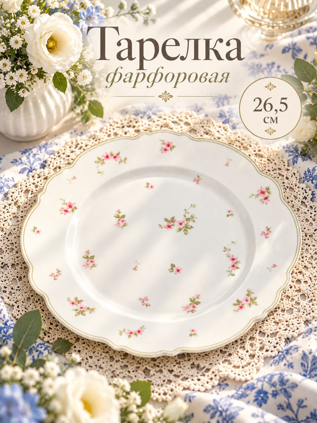 Тарелка плоская 26,5 см, WY "Spring flowers", премиум-фарфор, обеденная, сервировочная