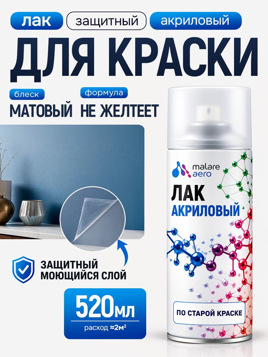 Лак для защиты краски Malare быстросохнущий влагостойкий бесцветный, матовый, 520 мл.