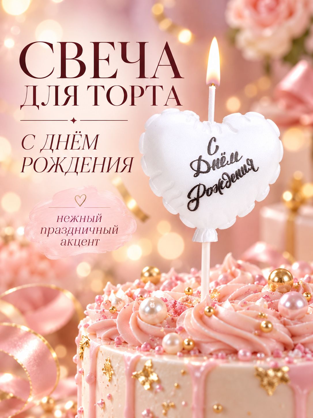 Свеча в торт на шпажке / Воздушный шарик "Сердечко" / 5.5 см / Жемчужный