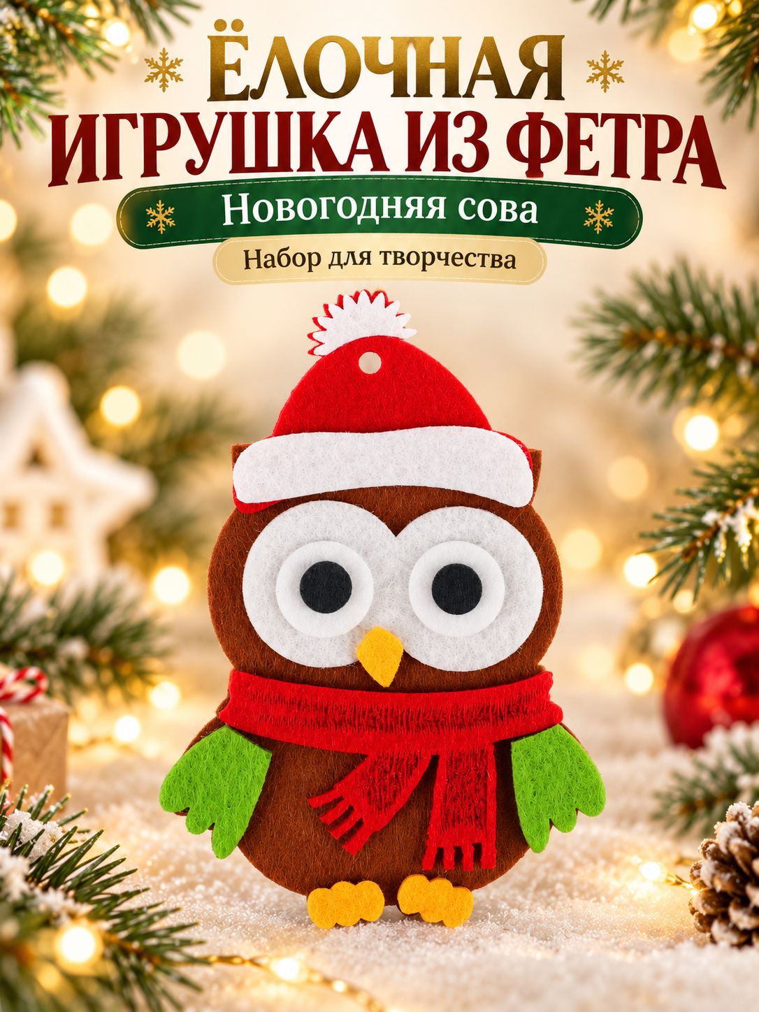 Ёлочная игрушка из фетра "Сова в новогодней шапочке" , своими руками, новогодний подарок для детей