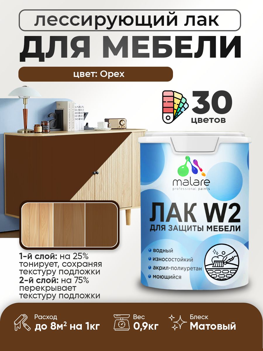 Лак колерованный тонирующий лак для мебели Malare W2 для кухонных фасадов, для дерева и минеральных поверхностей, акриловый быстросохнущий без запаха, матовый, орех, 0.9 кг.