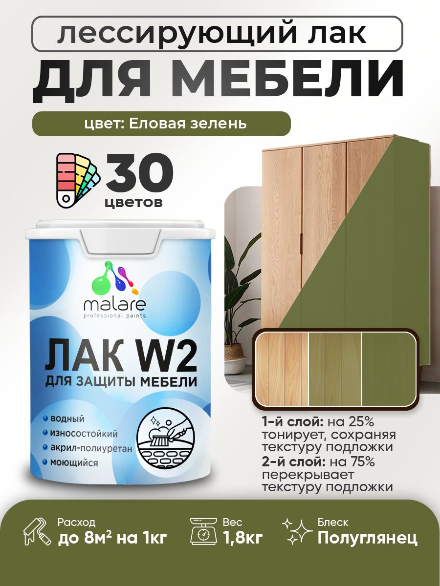 Лак колерованный тонирующий лак для мебели Malare W2 для кухонных фасадов, для дерева и минеральных поверхностей, акриловый быстросохнущий без запаха, полуглянцевый, еловая зелень, 1.8 кг.