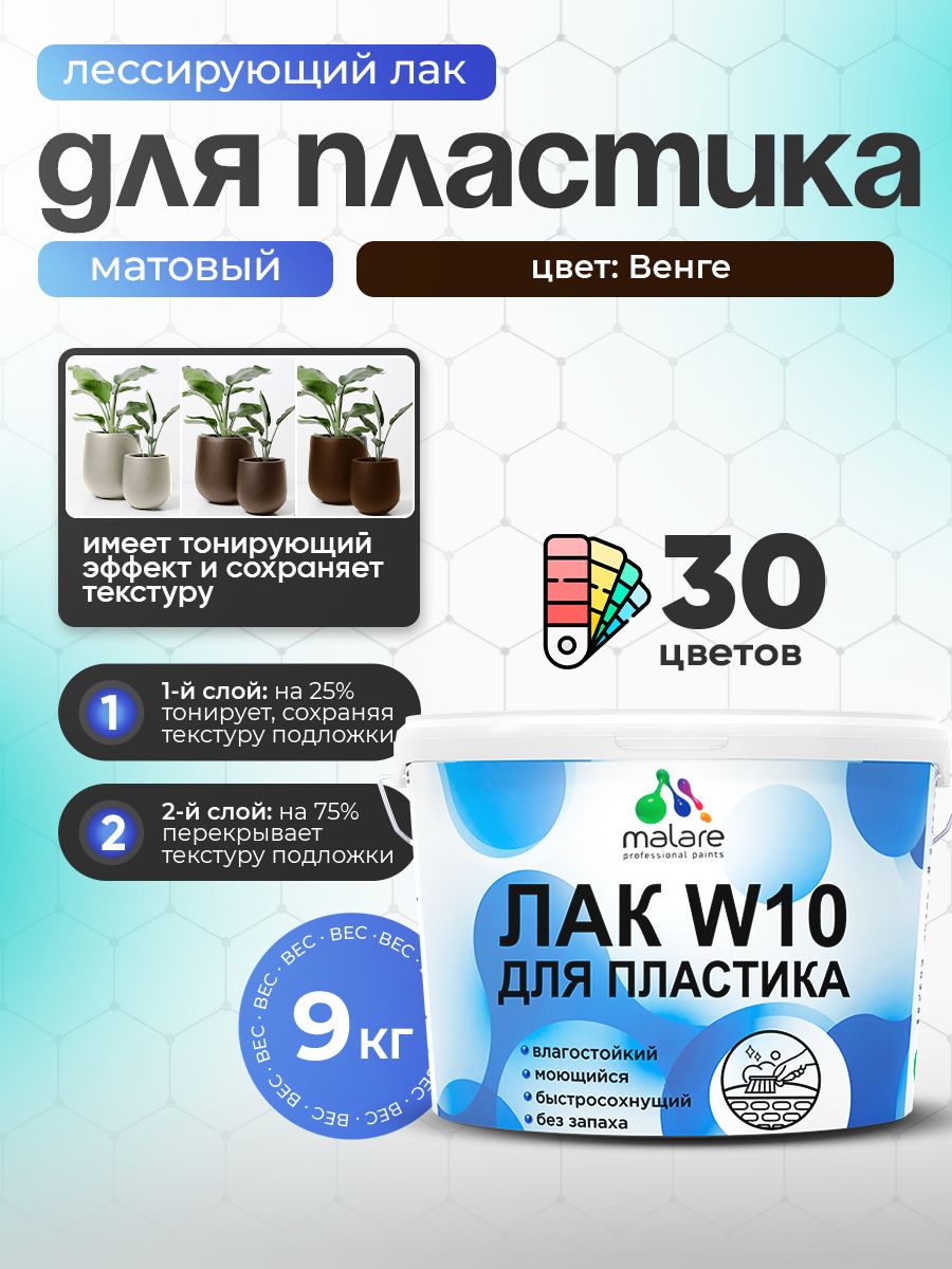 Лак колерованный тонирующий для защиты пластика Malare W10 акриловый моющийся быстросохнущий, матовый, венге, 9 кг.