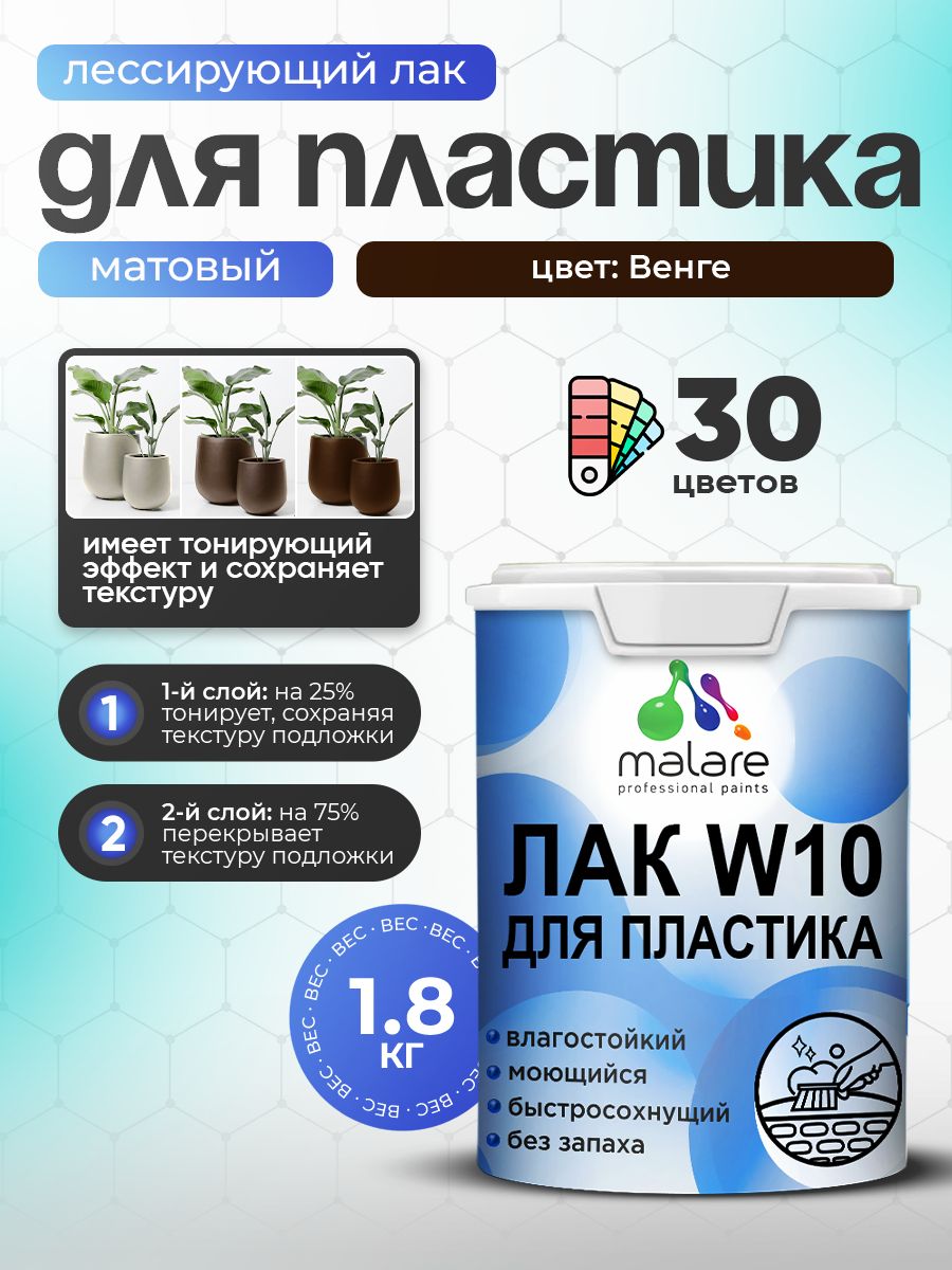 Лак колерованный тонирующий для защиты пластика Malare W10 акриловый моющийся быстросохнущий, матовый, венге, 1.8 кг.