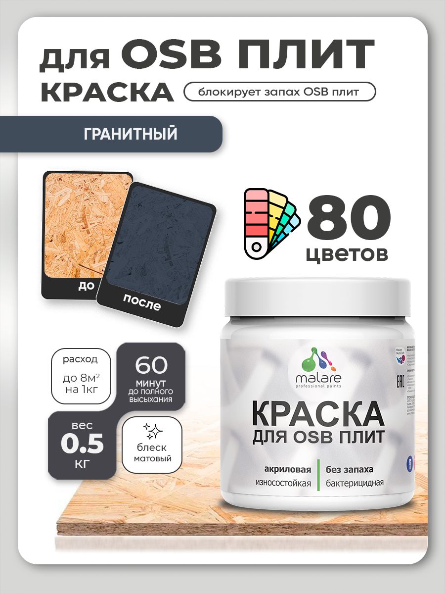 Акриловая краска для ОСБ плит Malare для дерева для наружных и внутренних работ, быстросохнущая без запаха матовая, гранитный, 0.5 кг