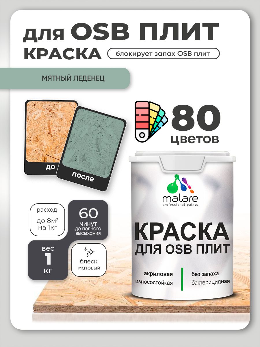 Акриловая краска для ОСБ плит Malare для дерева для наружных и внутренних работ, быстросохнущая без запаха матовая, мятный леденец, 1 кг