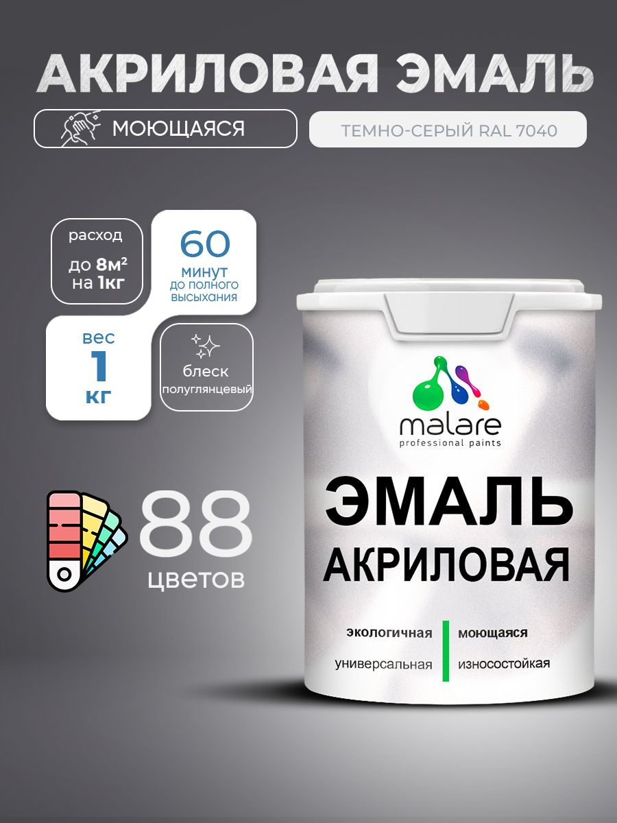 Акриловая эмаль Malare моющаяся для деревянных и минеральных поверхностей, для внутренних и наружных работ, без запаха быстросохнущая, полуглянцевая, темно-серая, 1 кг