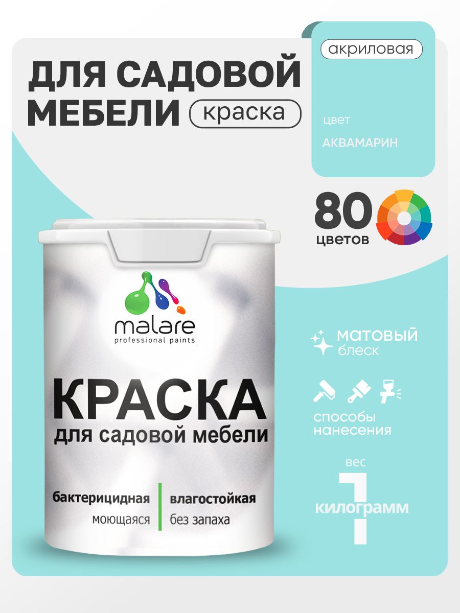 Акриловая краска Malare для садовой мебели/ по дереву, для наружных и внутренних работ/ быстросохнущая моющаяся без запаха матовая, аквамарин, 1 кг