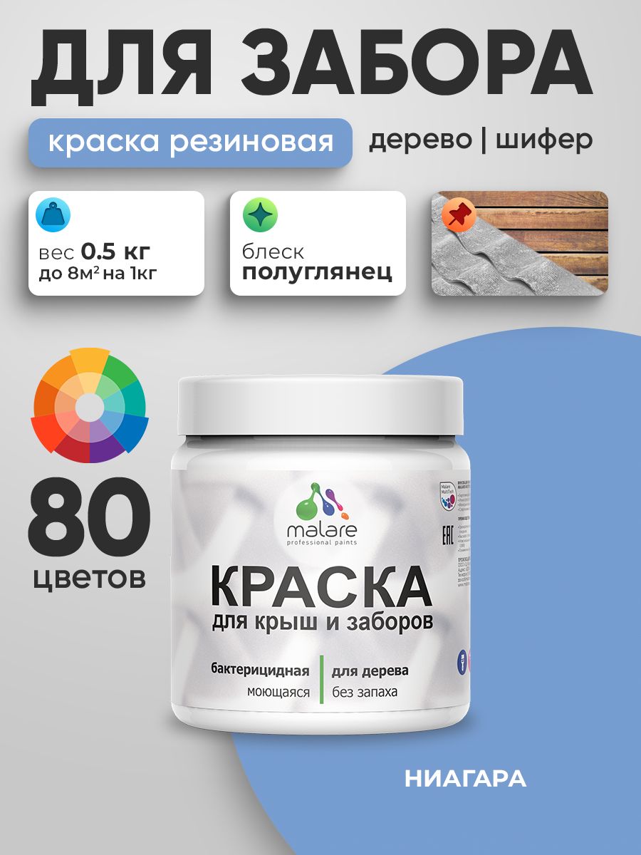 Резиновая краска Malare для деревянного забора/ по дереву для наружных и внутренних работ/ быстросохнущая моющаяся без запаха полуглянцевая, ниагара, 0.5 кг.