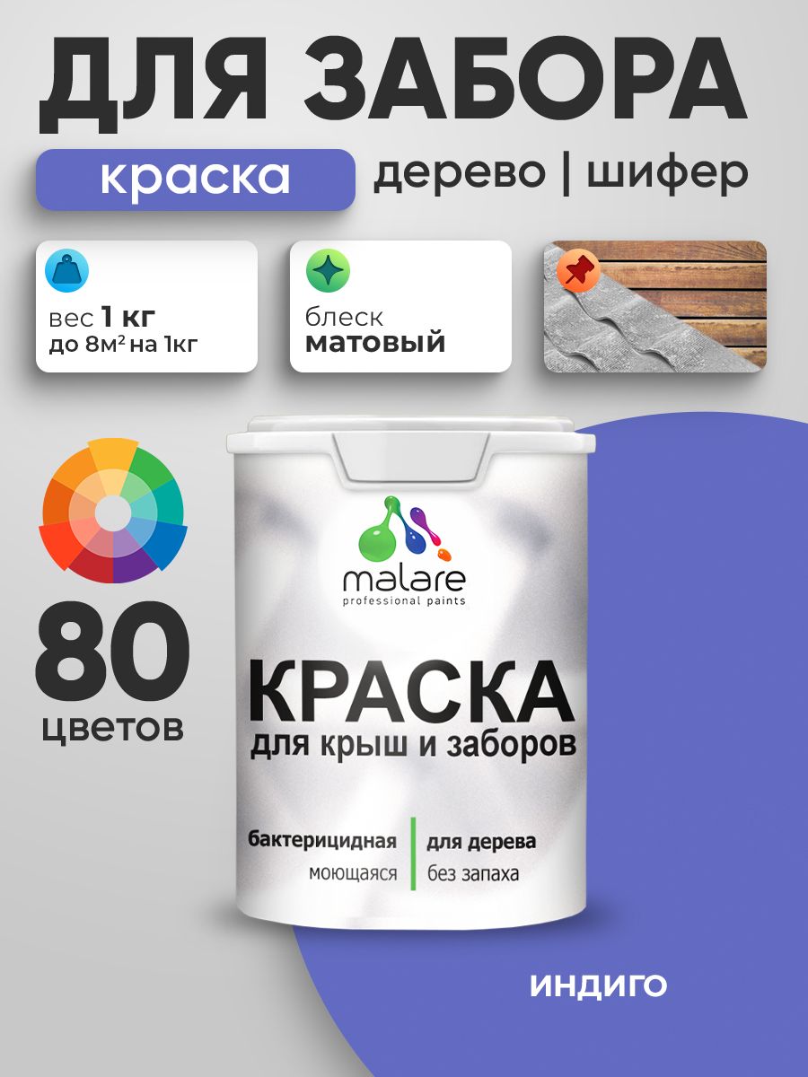 Акриловая краска Malare для деревянного забора/ по дереву для наружных и внутренних работ/ быстросохнущая моющаяся без запаха, матовая, индиго, 1 кг.