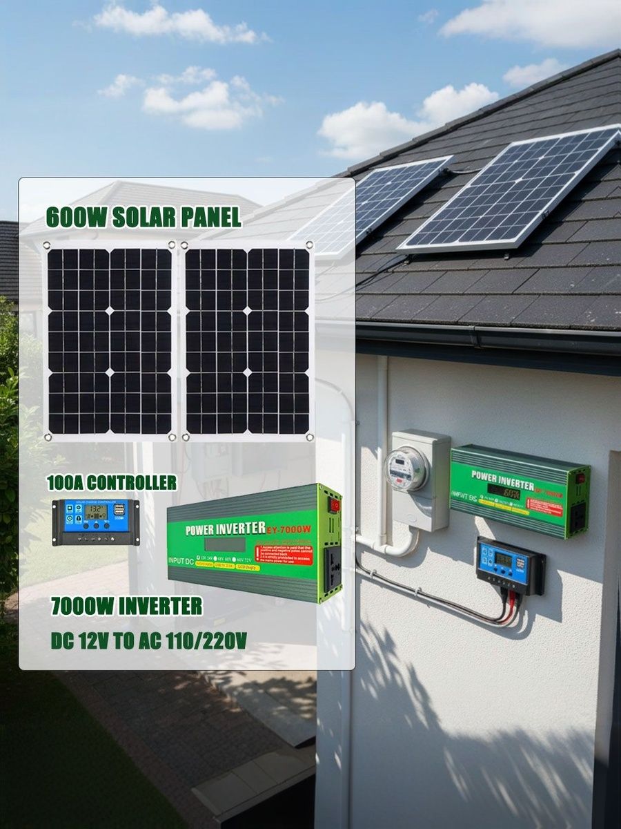 МощныйКомплектСолнечнойЭнергии:Инвертор7000W(12V/220V),Панели600W,Контроллер100А.АвтономноеПитаниеонтроллер100AиИнвертор7000W(DC12VвAC110/220V)дляДома