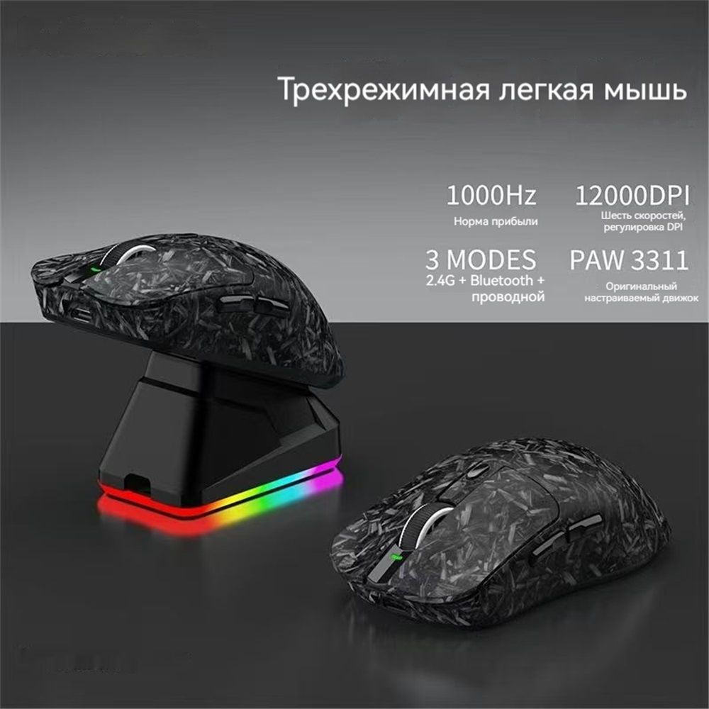 SENDEYUANИгроваямышьбеспроводнаяТрехрежимнаяигроваяБеспроводнаямышь(2.4G+Bluetooth+проводной)-6уровнейDPI,Быстраямагнитнаязарядка,светящеесякольцо,1000Гц,черныйматовый