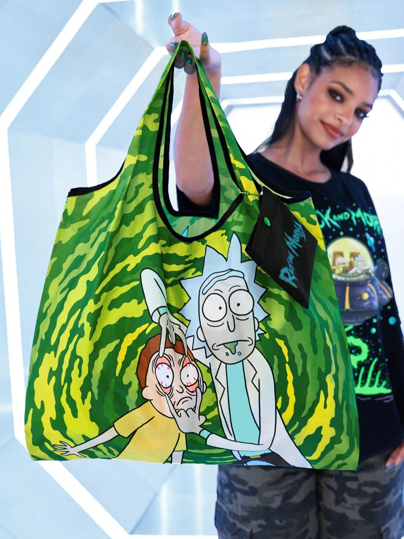 Rick and Morty X SHEIN складная сумка-шоппер с принтом персонажей и зелёным порталом