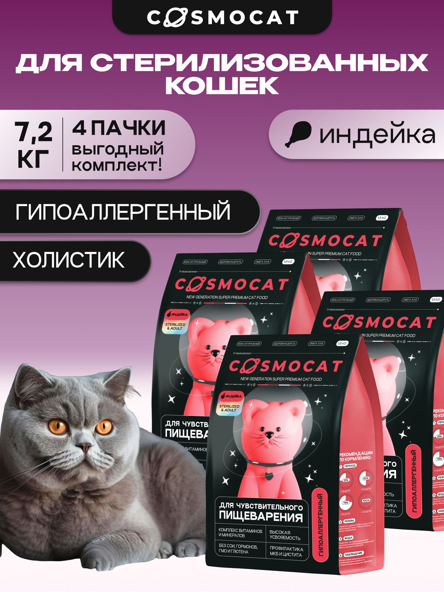 КормсухойдлястерилизованныхкошекикотовCosmocatотCosmopetсиндейкой7,2кг,гипоаллергенныйхолистиксуперпремиумкласса